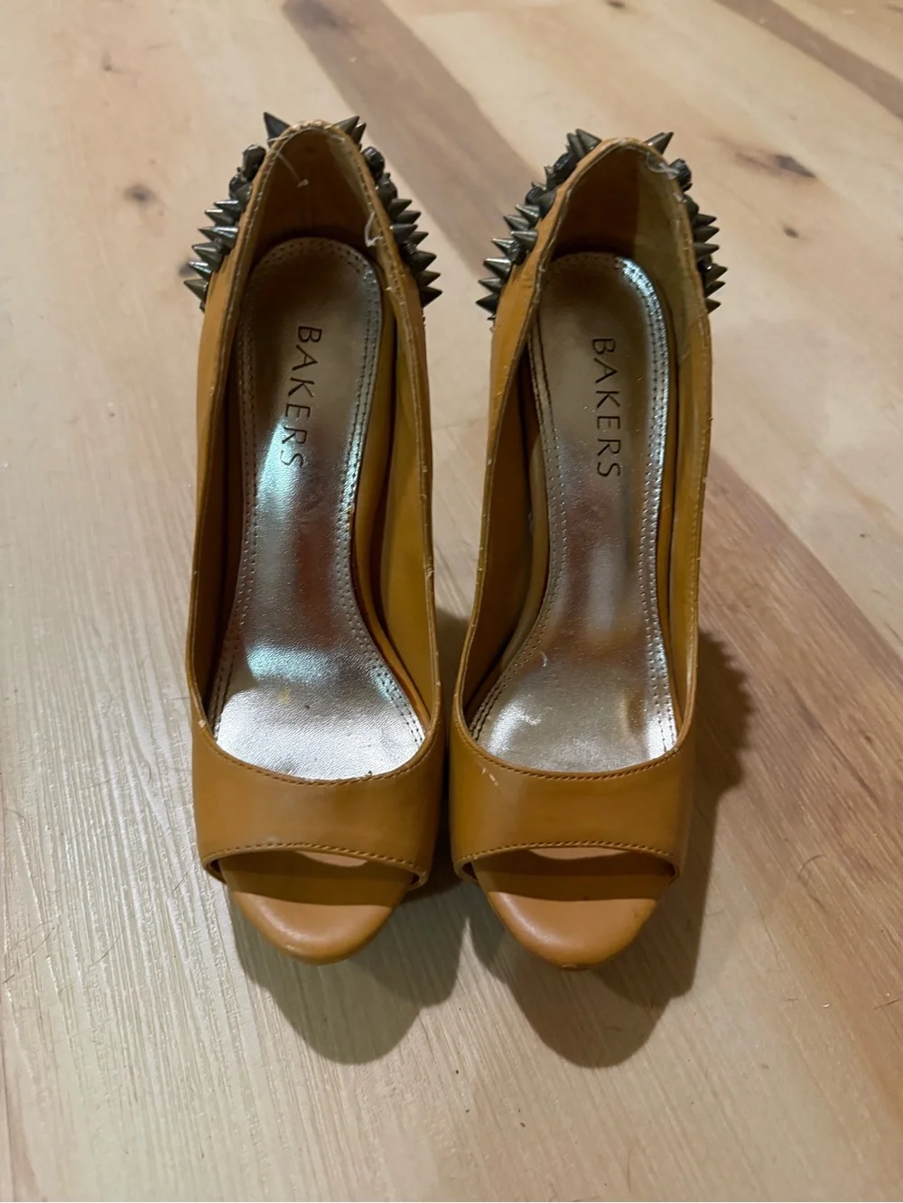 Bakers Mustard Peep-Toe Stiletto Pumps with Spike Heel